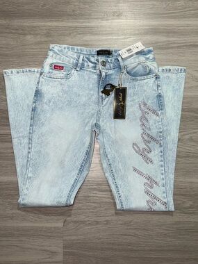 Baby Phat Light Blue Acid Wash Flare Jeans with Rhinestone Logo